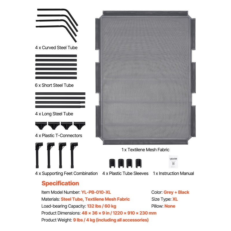 Kohotettu koiransänky teräsrunko hengittävä verkkokangas koko XL suurelle koiralle 60 kg kantavuus