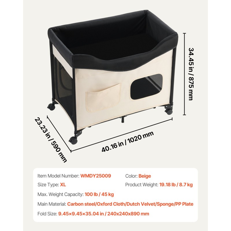 Korotettu lemmikkisänky suuri hiiliteräsrunko Oxford-kangas hollantilainen sametti taitettava pyörällinen sivutaskuilla