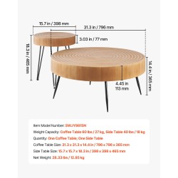 2-osainen pyöreä sohvapöytäsarja metallijaloilla ja puunvärisillä pöytälevyillä verkkohyllyllä