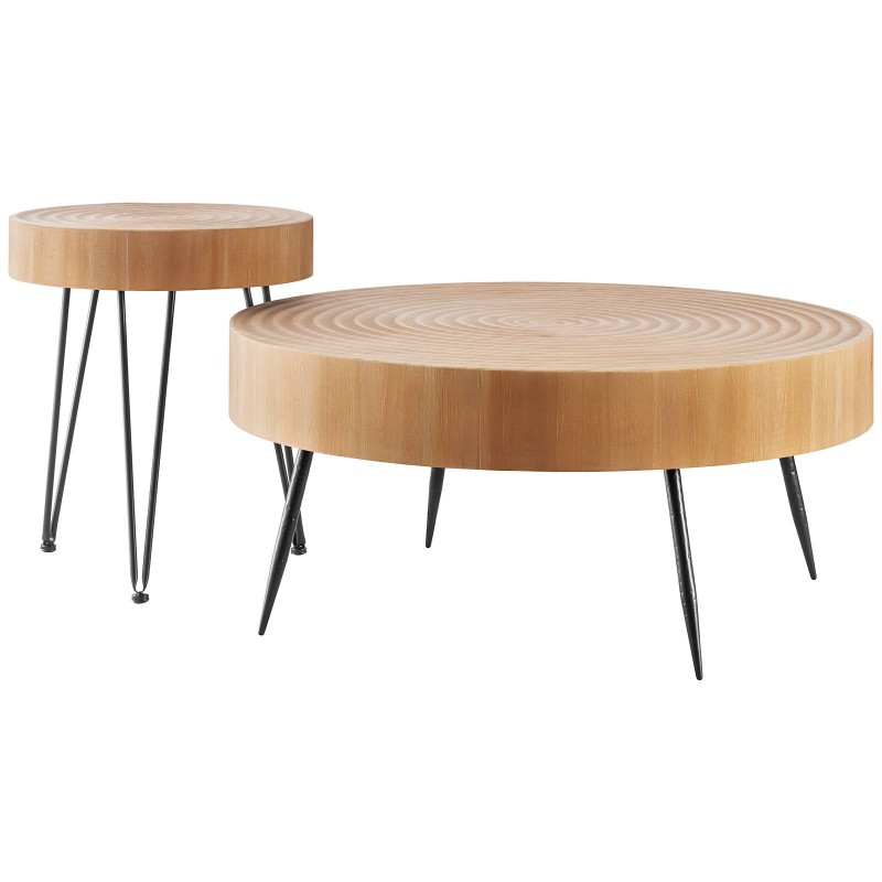 2-osainen pyöreä sohvapöytäsarja metallijaloilla ja puunvärisillä pöytälevyillä verkkohyllyllä