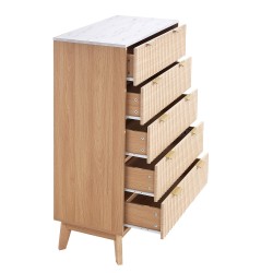Lipasto 5 laatikkoinen vaaleanpuun sävyinen MDF ja lastulevy kumipuiset jalat 39 9x74 9x121 9 cm