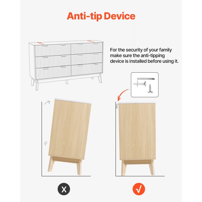 Lipasto MDF-levy lastulevy kumipuu 6 laatikkoa vaalea puusävy makuuhuoneeseen