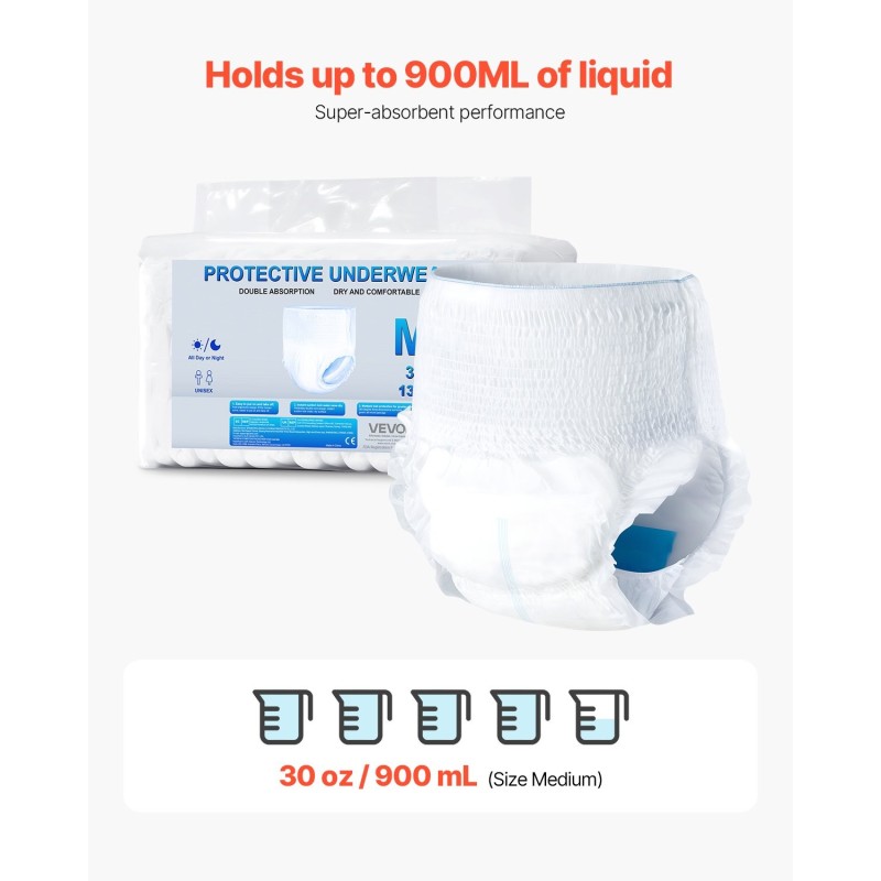 Kertakäyttöiset suojahousut aikuisille, koko M, imukyky 900 ml, 64 kpl