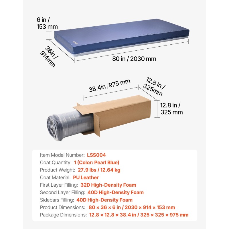 Kaksikerroksinen vaahtomuovipatja 2030x914x153 mm hengittävä PU-päällinen pitkäaikaishoitoon