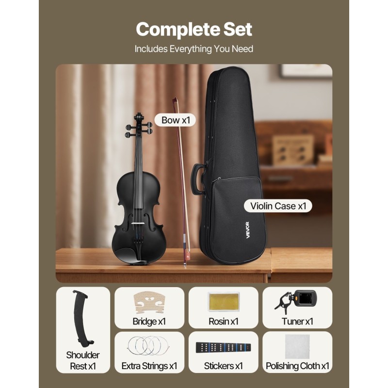 Viulu 4/4 355 mm kuusikansi vaahterapohja mattamusta setti aloittelijoille