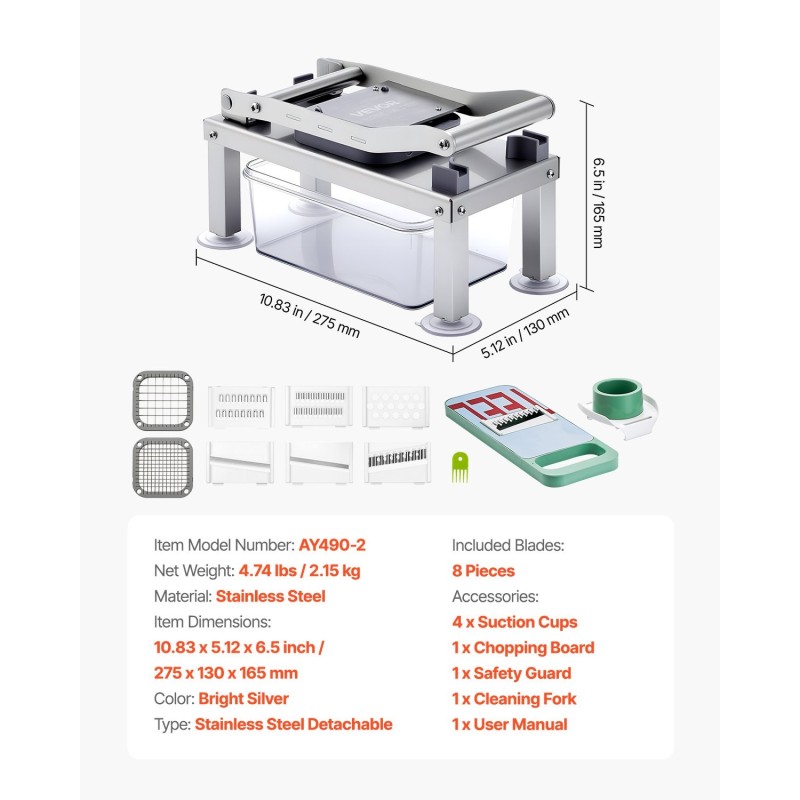 Vihannesleikkuri ruostumaton teräs kahdeksalla terällä painettava kansi elintarvikekelpoinen säilytysastia