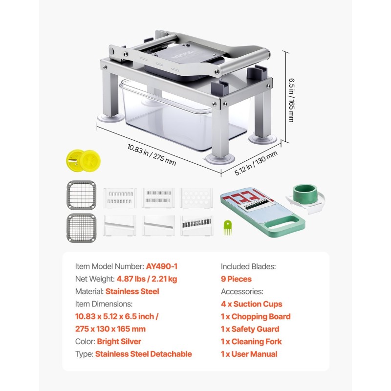 Vihannesleikkuri ruostumattomasta teräksestä 9 terää irrotettavilla osilla säilytysastiolla painallusmekanismilla