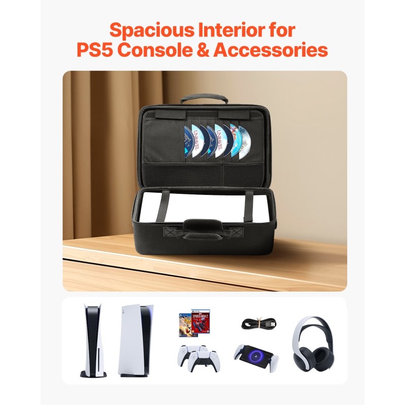 PS5-kantolaukku iskunkestävä kovakuori samettivuori musta kantokahva olkahihna