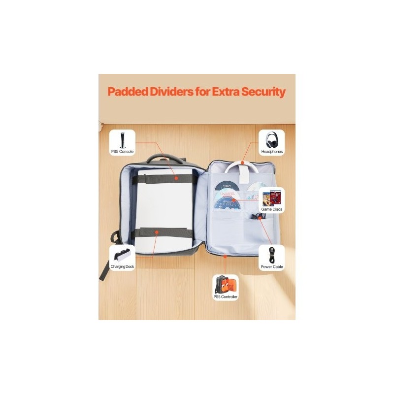 Reppumallinen kuljetuslaukku PS5 ja PS5 Slim konsoleille nailonista EPE-vaahtovuorella musta