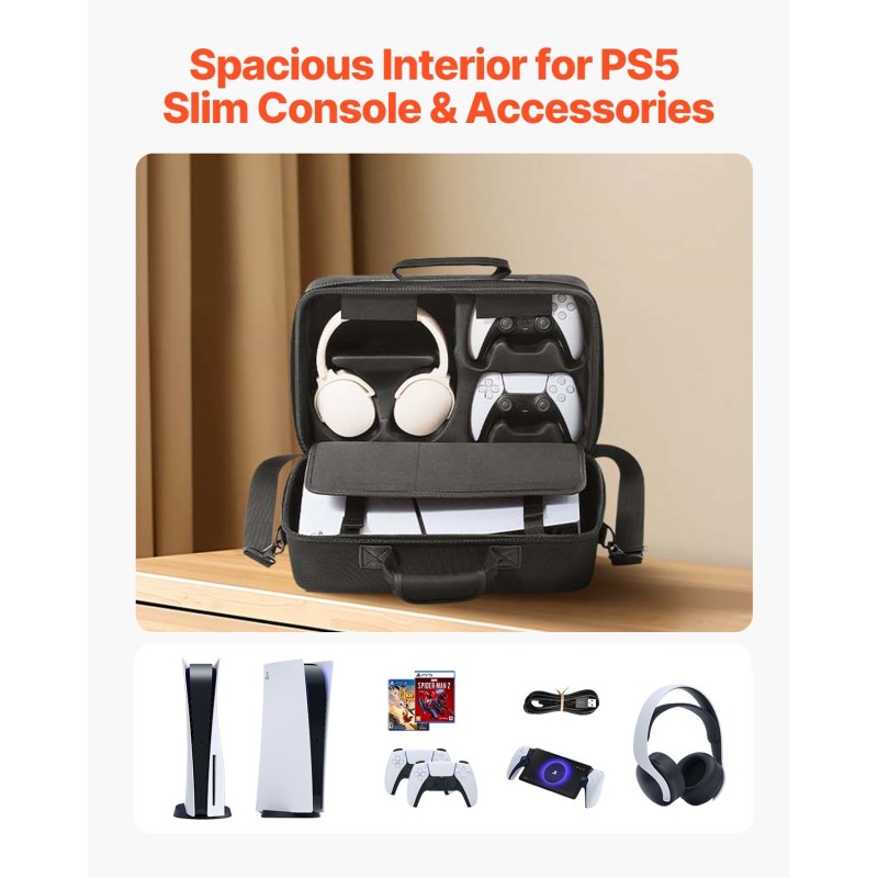 EVA-kantolaukku PS5 Slim konsolille musta samettivuori olkahihnalla
