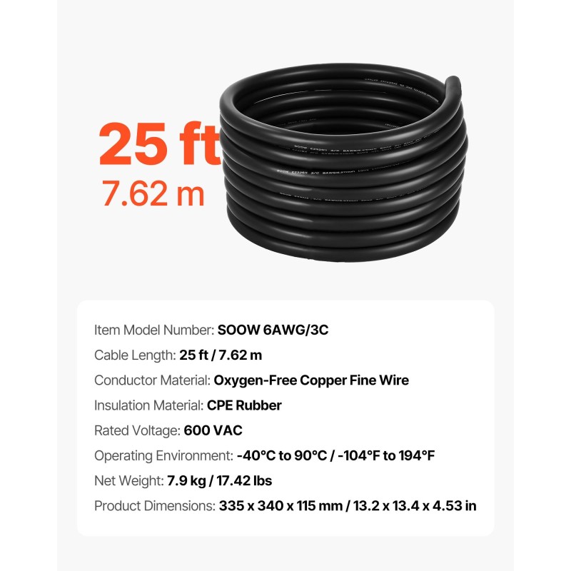 Sähkökaapeli CPE-kumieristeinen happivapaa kuparijohdin 16 mm² 3-johtiminen 7,62 m 600 V