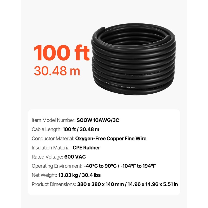Sähkökaapeli CPE-kuori 10 AWG 6 mm² 3-johtiminen 30,48 m 600 V