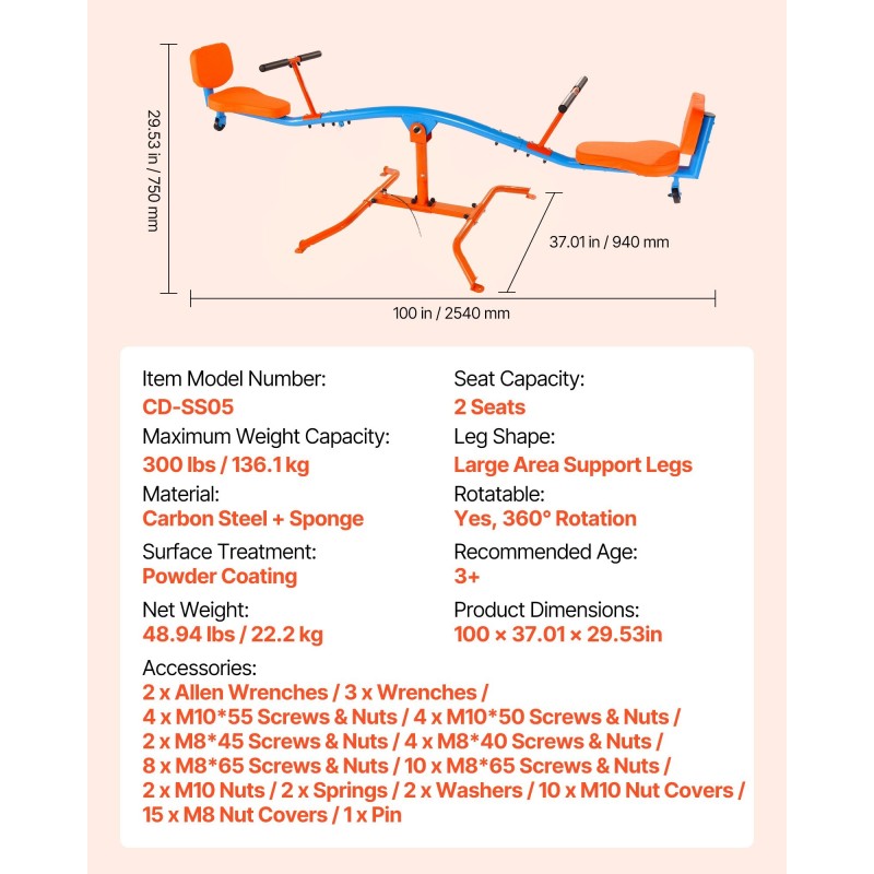 Kaksoiskeinulauta hiiliteräsrunkoinen 2 istuinta 360 asteen pyörivä jauhemaalattu