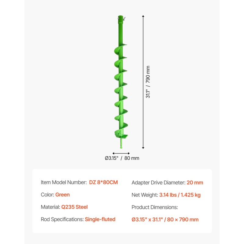 Maa- ja istutusporanterä Q235-teräksinen halkaisija 80 mm 20 mm adapterilla