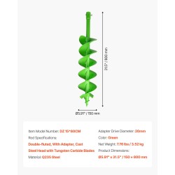 Istutuspora teräs 150 x 800 mm spiraaliterällä 20 mm sovittimella