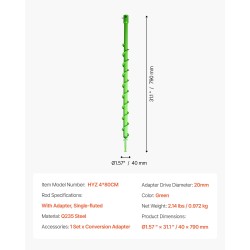 Spiraaliporanterä 40 × 800 mm teräs 20 mm adapterilla yksikierteinen istutukseen