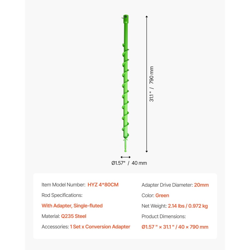 Spiraaliporanterä 40 × 800 mm teräs 20 mm adapterilla yksikierteinen istutukseen