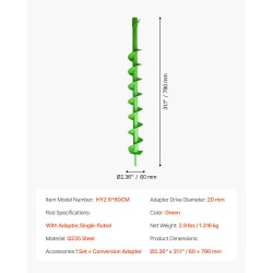 Spiraalinen maaporanterä Q235-terästä halkaisija 60 mm pituus 790 mm adapterilla 20 mm