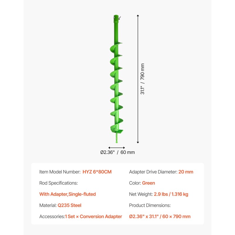 Spiraalinen maaporanterä Q235-terästä halkaisija 60 mm pituus 790 mm adapterilla 20 mm