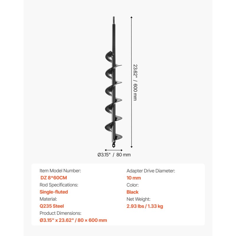 Maaporanterä spiraalimallinen 80 x 600 mm Q235 teräs 3/8 tuuman kuusiokoloistukkaan