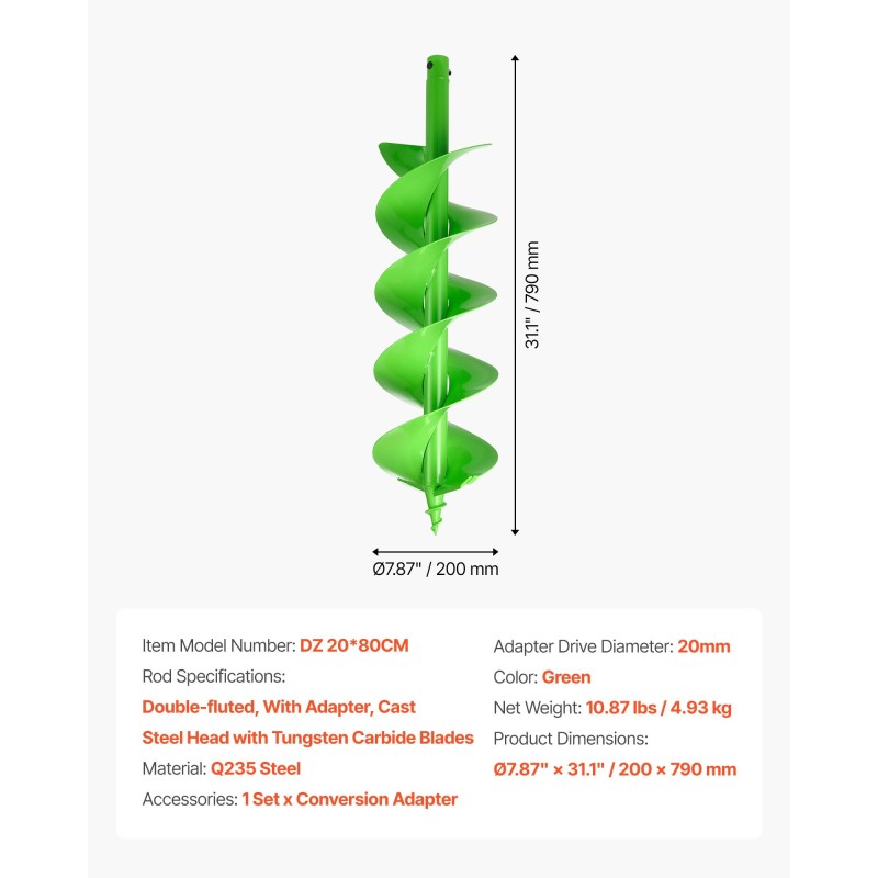 Istutusporanterä Q235-teräs halkaisija 200 mm pituus 790 mm sopii 20 mm karaan