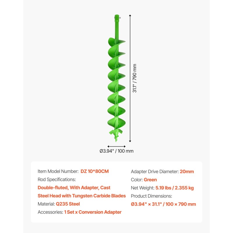 Spiraalikaira teräs 100 x 790 mm 20 mm akselilla istutukseen ja aitoihin