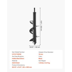 Maaporanterä teräs 80 x 300 mm istutukseen 3/8 tuuman kuusiokoloistukalle