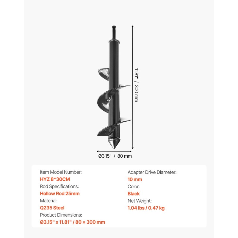 Maaporanterä teräs 80 x 300 mm istutukseen 3/8 tuuman kuusiokoloistukalle