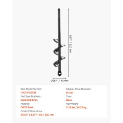 Spiraaliterä istutukseen Q235-teräs 40 x 220 mm 8 mm varsi 3/8 kuusiokolo