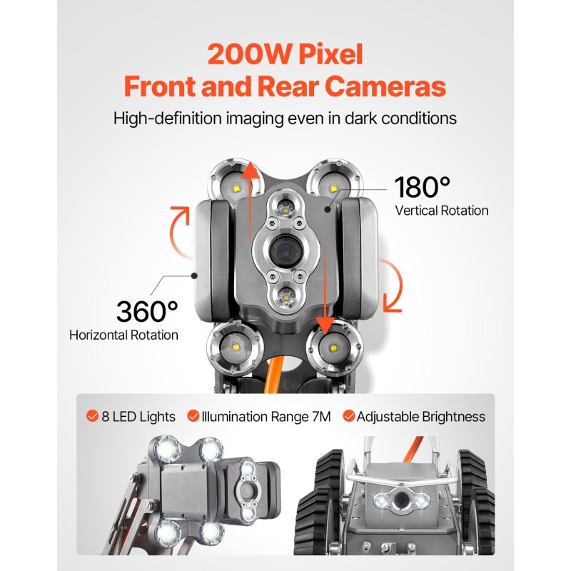 Putkistotarkastusrobotti 60 metrin kaapelilla 2 megapikselin kamerat 8 LED-valoa 300–1500 mm putkiin