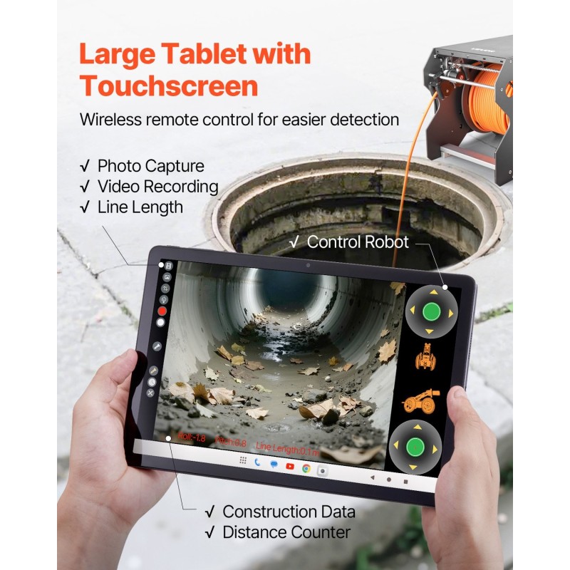 Putkitarkastusrobotti 120 m kaapelilla 300–1500 mm putkille 2 megapikselin kameroilla