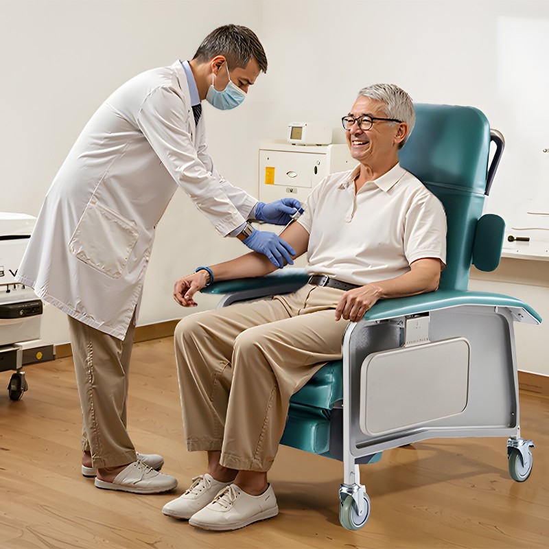 Geriatrinen lepotuoli neliasentoinen selkänoja hiiliteräsrunko pehmustettu muovinahkainen istuin