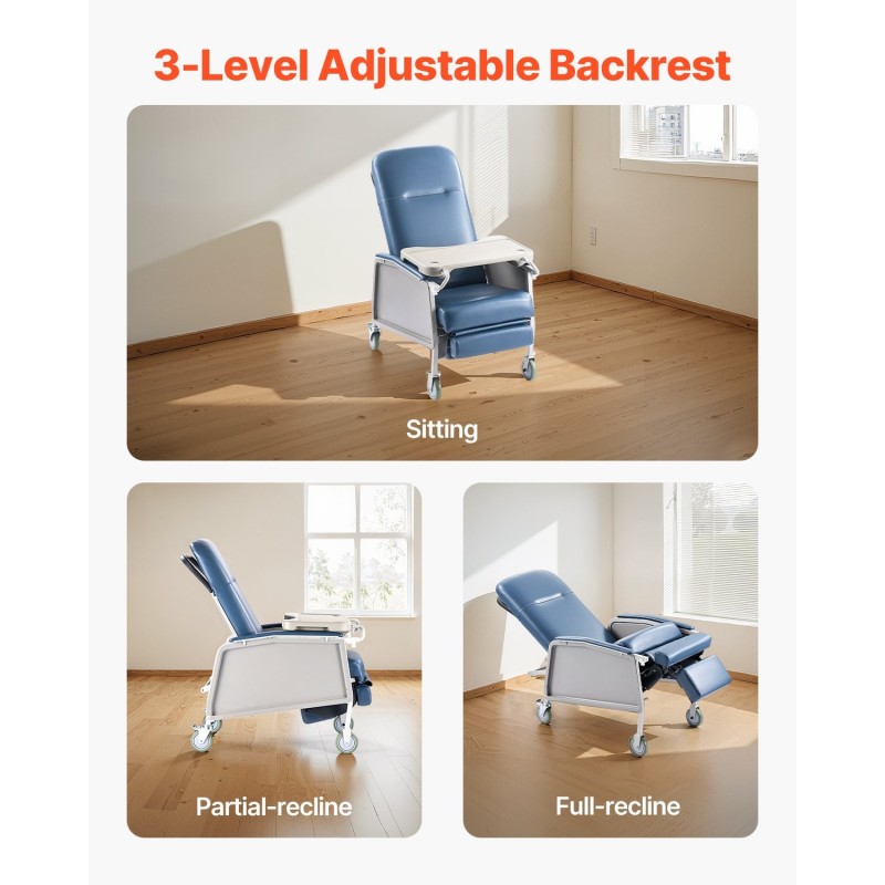 Geriatrinen lepotuoli 3-asentoinen hiiliteräsrunko pehmustettu muovinahkainen istuin 4 pyörää