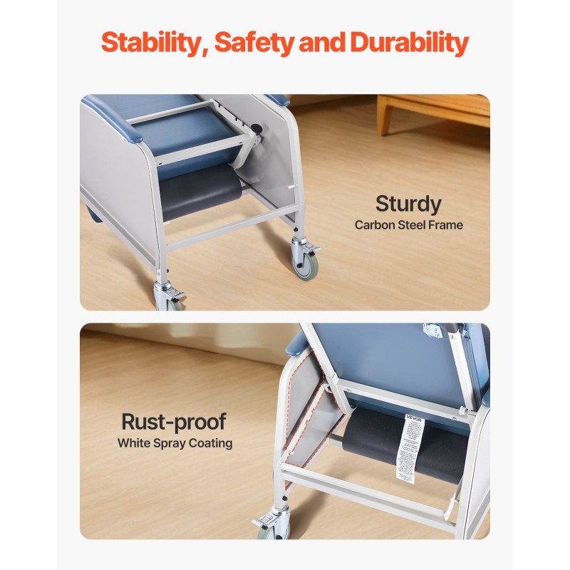 Geriatrinen lepotuoli 3-asentoinen hiiliteräsrunko pehmustettu muovinahkainen istuin 4 pyörää