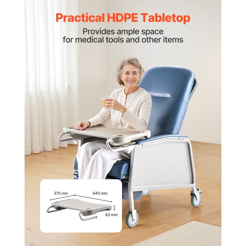 Geriatrinen lepotuoli 3-asentoinen hiiliteräsrunko pehmustettu muovinahkainen istuin 4 pyörää