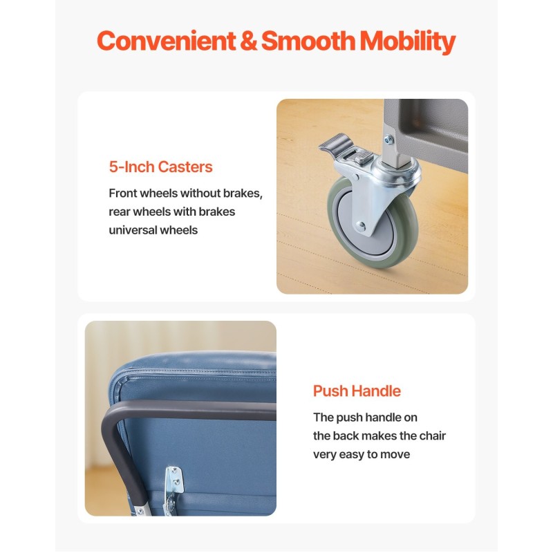 Geriatrinen lepotuoli 3-asentoinen hiiliteräsrunko pehmustettu muovinahkainen istuin 4 pyörää