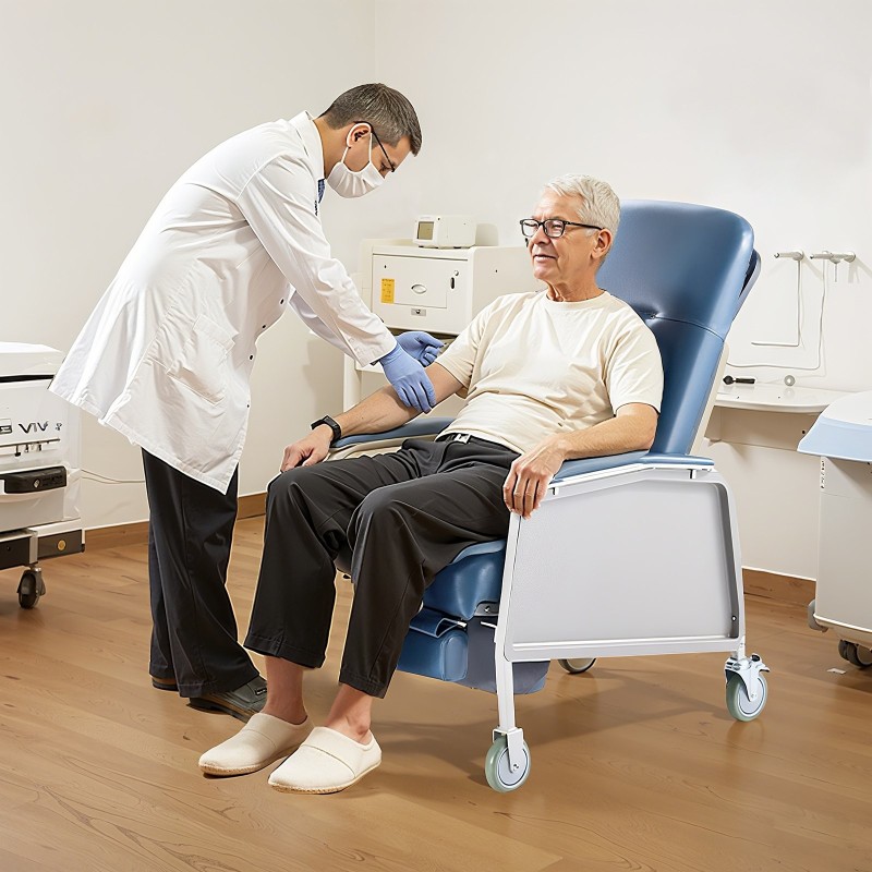 Geriatrinen lepotuoli 3-asentoinen hiiliteräsrunko pehmustettu muovinahkainen istuin 4 pyörää