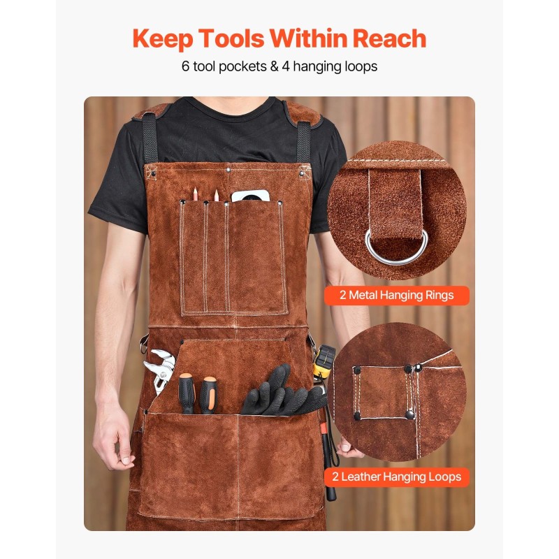 Hitsausesiliina naudannahkainen liekinkestävä ruskea kuusi työkalutaskua