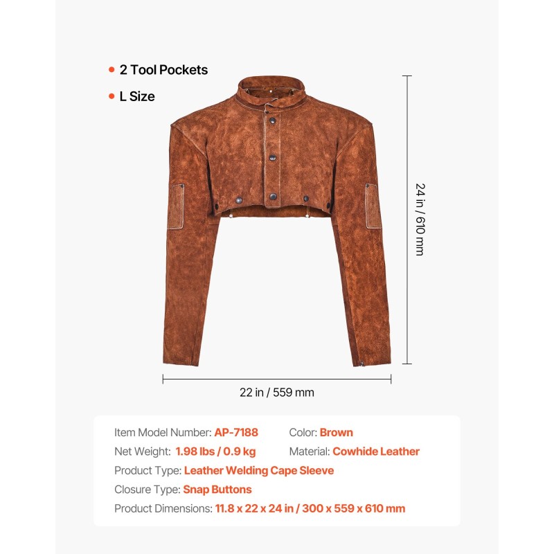 Nahkainen hitsausviitta hihoilla naudannahka koko L hitsaukseen kaksi työkalutaskua