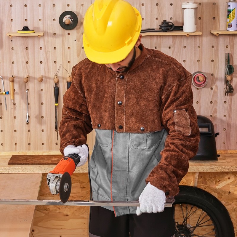 Nahkainen hitsausviitta hihoilla naudannahka koko L hitsaukseen kaksi työkalutaskua