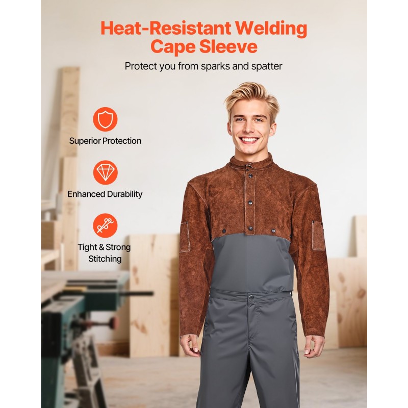 Hitsausviitta hihoilla lehmännahkainen koko XL ruskea kaksi työkalutaskua hitsaukseen ja takomiseen
