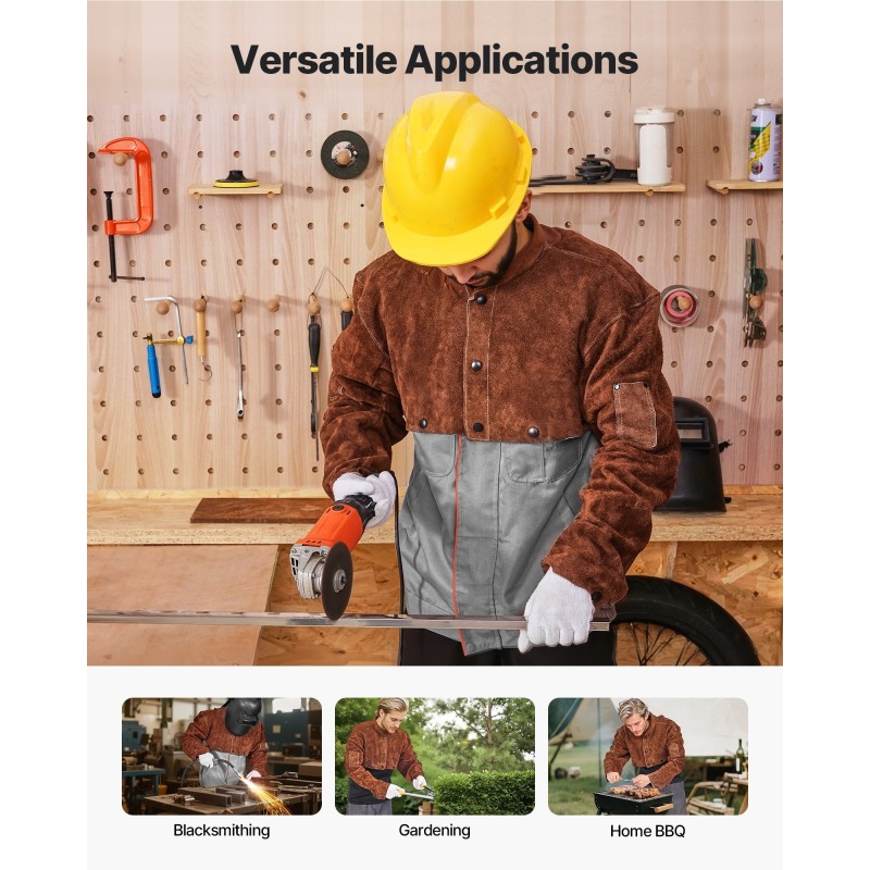 Hitsausviitta hihoilla lehmännahkainen koko XL ruskea kaksi työkalutaskua hitsaukseen ja takomiseen