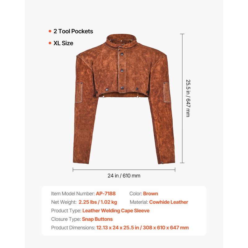 Hitsausviitta hihoilla lehmännahkainen koko XL ruskea kaksi työkalutaskua hitsaukseen ja takomiseen