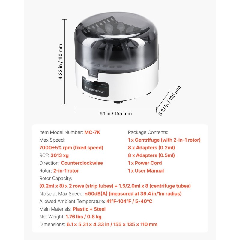 Pöytäsentrifugi muovi ja teräs 7000 kierrosta minuutissa kaksoisroottori