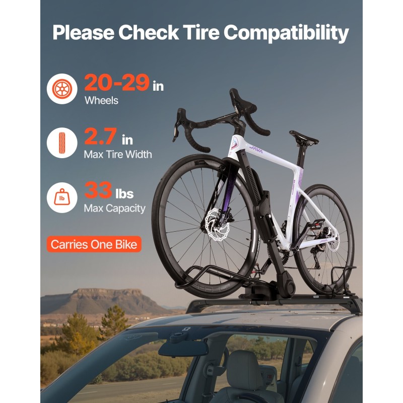 Taitettava kattoteline yhdelle pyörälle alumiinirunkoinen 15 kg kantavuus 20–29 tuuman renkaille