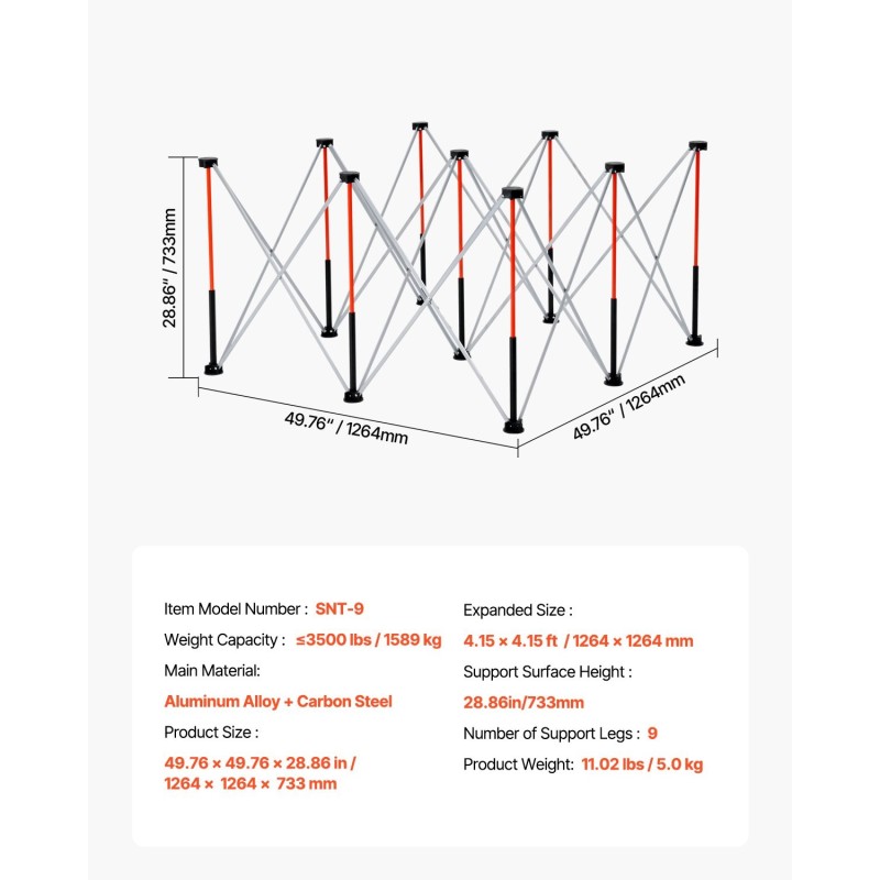 Taitettava työpukki alumiiniseos ja hiiliteräs 1589 kg kantavuus 9 tukijalkaa
