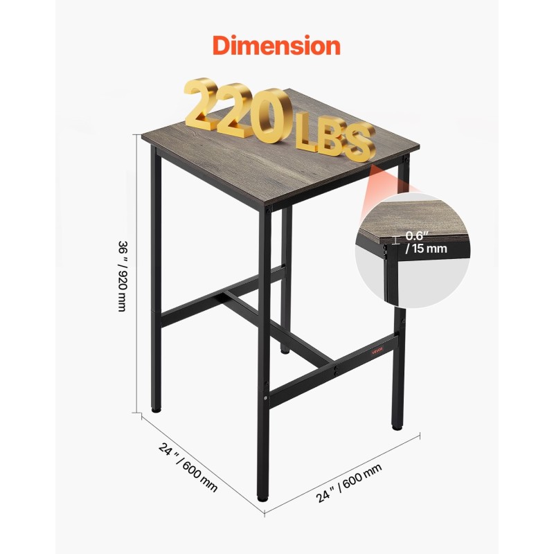Korkea baaripöytä MDF-levy metallirungolla 24x24x36 tuumaa rustiikinruskea
