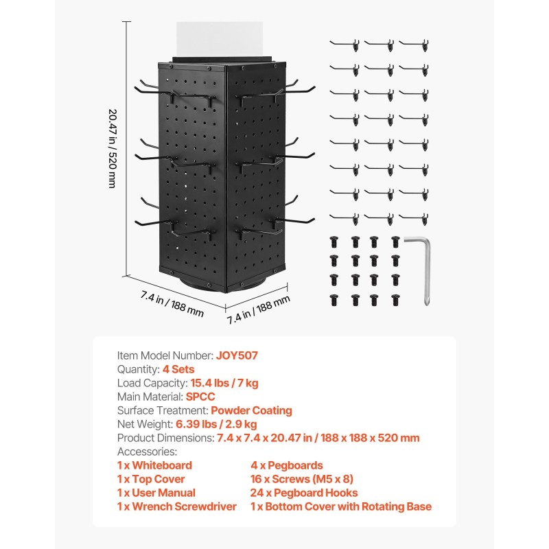 Pyörivä reikälevyteline SPCC-teräs 188 x 188 x 520 mm 4 kpl musta