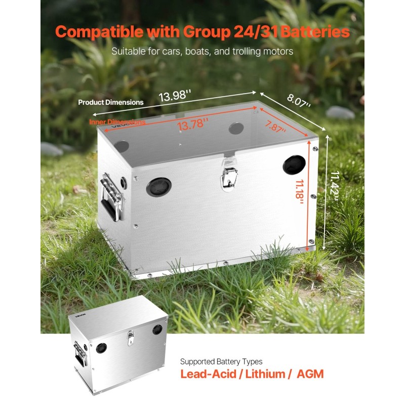 Akkulaukku pinnoitetusta ruostumattomasta teräksestä ryhmän 24/31 akuille 12V 24V 36V