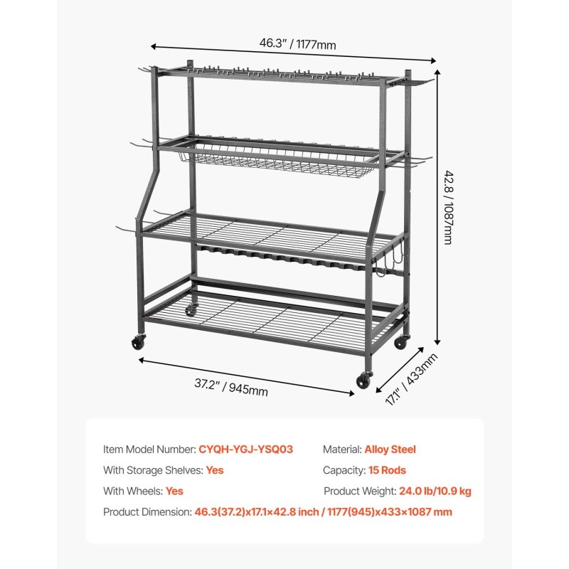 Siirrettävä vapateline 15 vavalle seosteräsrunko MDF-levyhyllyillä pyörillä